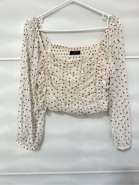 Swiss dot mesh tulle top corset ruched crop puff princess blouse L Cream white